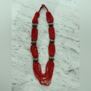Bohemian Coral Red Multi-Strand Seed Bead Statement Necklace 26"